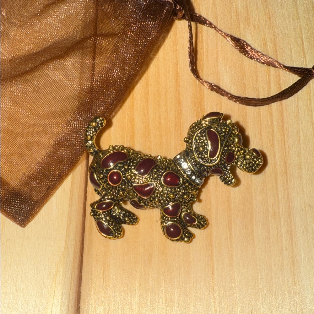 Betsey Johnson Gold and Brown Dog Brooch with rhinestones.